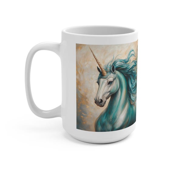Unicorn - Turquoise - 15 oz, unicorn coffee mug, golden horn unicorn cup,  fantasy coffee mug, unicorn lover gift, mystical creature mug