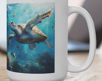 Turtle - Sea turtle, 15oz, marine life mug, beach lover gift, coastal coffee cup, turtle art mug, sea turtle tea cup, nature coffee cup,