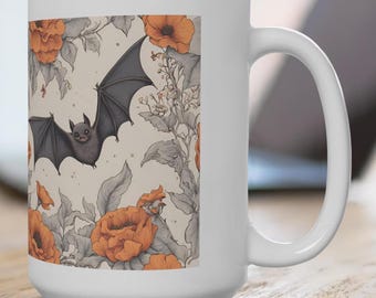 Tazza con fiori di pipistrello da 15 once, tazza per amanti dei pipistrelli, tazza floreale gotica, tazza spettrale, tazza gotica stravagante e carina, tazza da caffè stregata, tazza botanica con pipistrello