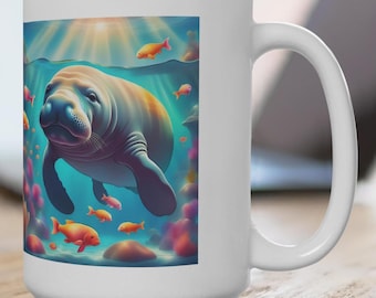 Manatee - Havsutsikt, 450 ml, mugg med havsliv, marint djur, havsälskare, manateekonst, havstema, unik, kustmugg, marint liv, havskonst