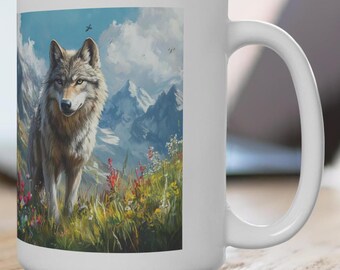 Wolf Bergkette, 15 Unzen, majestätische Wolf Kaffeebecher, Bergwolf Becher, Geschenk für Tierliebhaber, Wolf Kunst, Wolf Geschenk für ihn, Wolfliebhaber Becher,