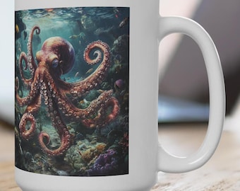 Octopus - Coral, 15oz, octopus coffee mug, nautical coffee cup, deep sea creature mug, ocean lover gift, marine life coffee mug