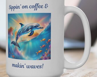 Delphin - Makin 'Wellen, 15 Unzen, Ozean, Meerestiere, bunte Ozeanbecher, Leben im Meer, Wassertier, Strand, Delfinkunst, Ozeanliebhaber, Meerestiere