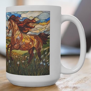Horse - Live Free, 15oz, stained glass coffee mug, horse lover gift, galloping horse art mug, stained glass animal mug, one-of-a-kind design
