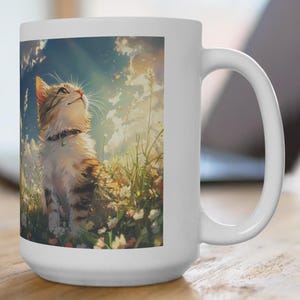 May include: A white ceramic mug with a colorful illustration of a cat looking up at a butterfly in a field of flowers. The cat is brown, white, and orange with a silver collar.