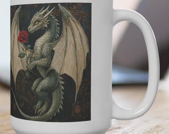 Dragon - Rose - 15 oz, drakenkoffiemok, gotische mok, fantasiekoffiemok, donkere romantische mok, mythische beker, middeleeuws, drakenliefhebber, uniek,