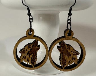 Laser Cut Wolf Earrings, Natural Wood Dangle Jewelry, Rustic Boho Style