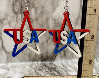 Laser Cut Wood USA Star Earrings | Hand-Painted Red White Blue Dangle Jewelry