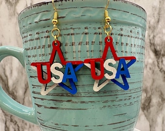 USA Star Earrings, Red White Blue Wooden Dangle, Laser Cut Americana Jewelry