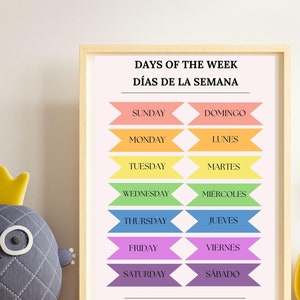 Dias da semana INGLÊS E ESPANHOL Impressão de arte digital, impressão de arte em sala de aula, dias da semana em espanhol, sala de aula colorida, sala de aula Boho