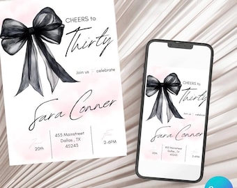 Coquette Black Bow 30th Invitation | Editable Bow Birthday Party Invite | DIY Digital Black Ribbon | Cheers to Thirty Invite