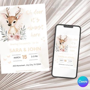 Editable Template Oh Deer it&#39;s almost herel Shower Invitation, Deer Baby Shower, Forest Animal| Deer Invotaion