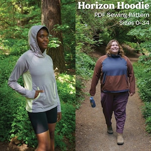 Może przedstawiać: Dwie osoby w bluzach z kapturem i szortach idą ścieżką w lesie. Tekst "Horizon Hoodie" znajduje się u góry obrazu, poniżej "PDF Sewing Pattern" i "Sizes 0-34". Jedna bluza jest szara z żółtym panelem, druga brązowa i niebieska.