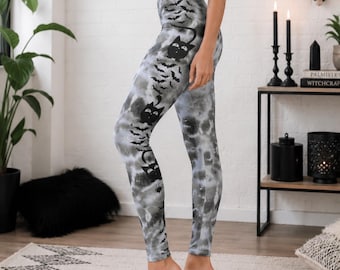 Gothic Tie Dye Leggings, Black Cat Festival Leggings, Alternative Yoga Pants, Witchy Halloween Leggings, Emo Activewear