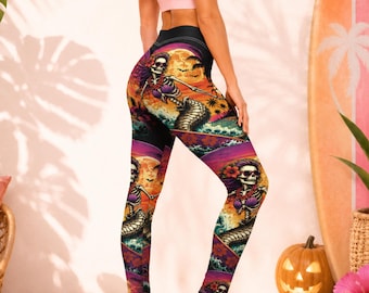 Summerween Mermaid Skeleton Leggings, Mid Rise Halloween Leggings, Tropical Beach Yoga Pants, Matching Shirt Available, Coastal Activewear