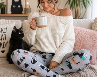 女性用猫柄レギンス、かわいい黒猫柄レギンス、猫好きへのギフト、ミッドライズレギンス、おもしろ猫パンツ、子猫柄レギンス、カジュアルヨガレギンス