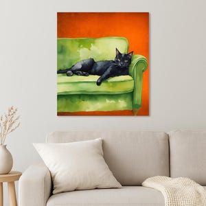 Schwarze Katze Wandbild, Katzen Poster, Grüne Couch Katze Druck, Katzenliebhaber Geschenk, Schwarze Katze Dekor, Katzen Poster, Katzen Kunst, Katzengeschenk, Katzenliebhaber Wanddeko