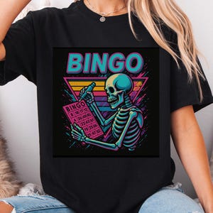 Camiseta vintage de esqueleto de bingo, presente retrô dos anos 1980 para amantes de bingo, cores confortáveis, camiseta de esqueleto de bingo, cartão de bingo, camiseta de bingo da sorte