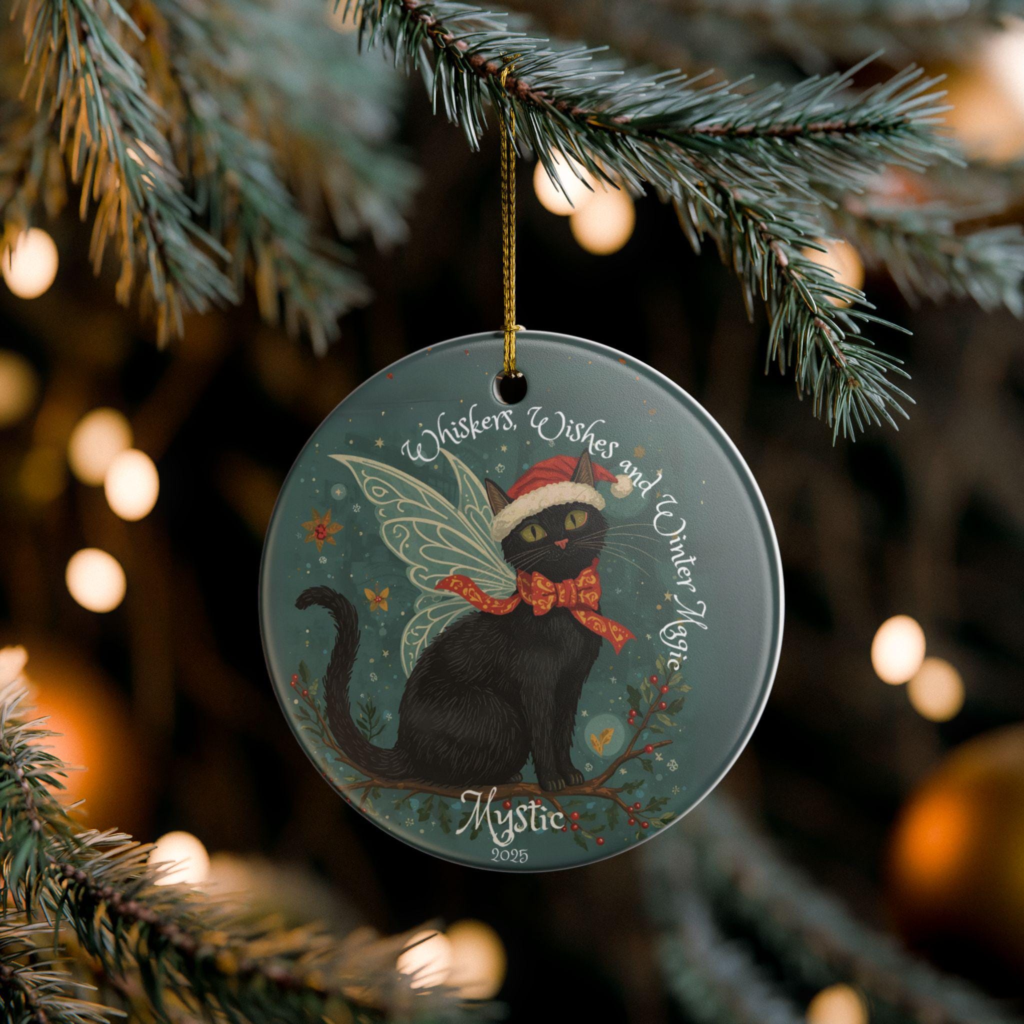 パーソナライズされたクリスマスの妖精の黒猫、カスタマイズ可能な記念