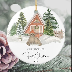 Ceramic Ornament, Personalized First Baby Christmas Raccoon Ornament, Snowy Forest Cabin, Custom Baby Gift, Newborn Gift, Christmas Decor