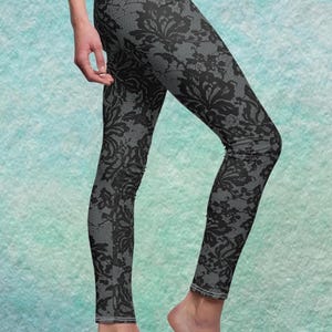 Französische Spitze Damen Yoga Leggings, Schwarz Grau Design, Laufen/Radfahren/Yoga Hose, Edgy Style