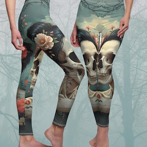 Lady Skeleton and Flowers, Halloween, Trick or Treat, Haunted, Spooky Season, Creepy Halloween, Leggings, Work Out, Skeleton and Flowers