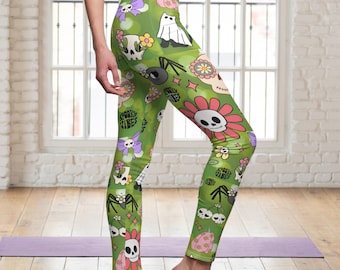 Damen Gothic Halloween Leggings Skelett Yoga Leggings: Gruselige Kostümparty, Grüne Leggings, Festival Legging, Halloween Kostüm