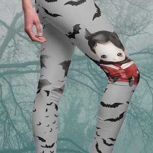 Halloween Bat Leggings for Women, Cute Goth Pilates Pants, Yoga Book Lover Gift, Spooky Fall Workout Leggings, Bat Girl Reading, Gothic gift