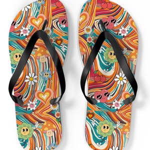 Groovy Hippy Flip Flops - Retro 1970er Jahre Strand Sandalen | Spaß All-Over-Design, Sommer Pool Schuhe, bequemes Geschenk für Sie
