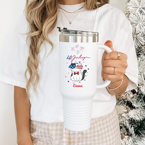 40oz Insulated Travel Mug, Personalized Independence Day Tumbler, 4th of July Cat Lover Mug, Custom Name Fourth of July Cup, Patriotic