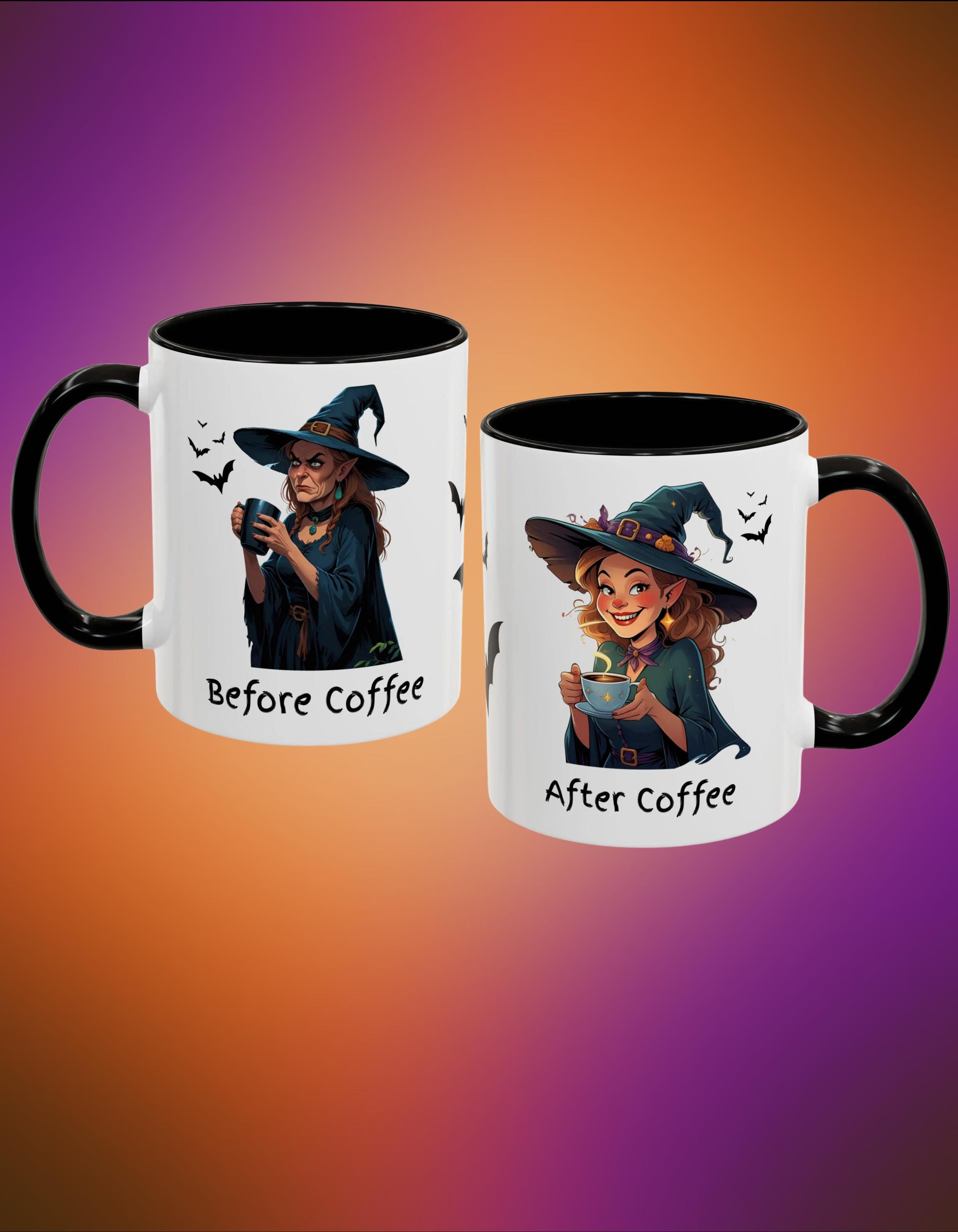 Witchy Mugs, Halloween Coffee Cup, Halloween Witch Before Coffee - After Coffee, Grouchy Witch Before Coffee - Happy Witch After Coffee