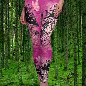 French Cottagecore Leggings - Women&#39;s Cut & Sew Casual Leggings, Yoga Pants, Pilates Leggings, Running Pants, Watercolor and Ink Leggings,