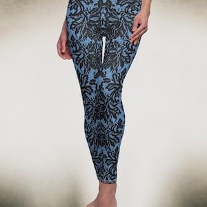Französische Spitze Damen Yoga Leggings, Schwarz Blau Design, Laufen/Radfahren/Yoga Hose, Y2K Yoga Hose