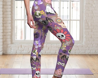 Gothic Halloween Leggings Women Spooky Kawaii, Pastel Goth Yoga Pants, Cute Skull Ghost Leggings, Purple Halloween Outfit, Witchy Leggings