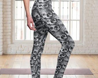 Gotyckie legginsy do jogi z czaszką, legginsy na Halloween, upiorny strój na jesienny festiwal, gotyckie spodnie gimnastyczne, prezent dla gotyckich dziewczyn i biegaczek