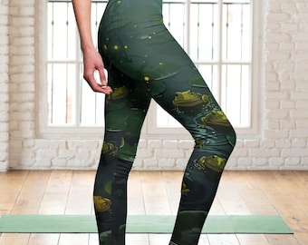 Frog Leggings Women Mid Rise, Firefly Night Leggings, Cottagecore Yoga Pants, Nature Aesthetic Activewear, Dark Forest Outfit