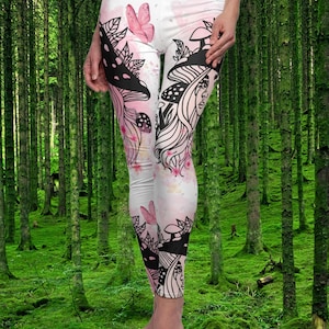 French Cottagecore Leggings, Yoga Pants, Pilates Leggings, Running Pants, Watercolor and Ink Leggings, Girl with a Mushroom Hat Leggings