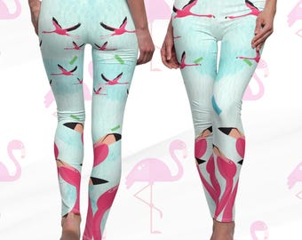 Flamingo Leggings, Yoga Pants, Tropical Pilates Pants, Running Leggings, Summer Athleisure, Flamingos, Flying Flamingos Legging, Trending