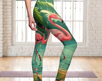 Women's Leggings, Island Luxe Flamingos, Vintage Tropical Yoga Pilates, Casual Workout Pants, Flamingo Print, Luxe Style, Flamingo Luxe