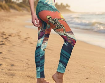 Skeleton Surfer Sunset Leggings | All-Over Print