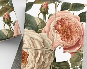 Vintage Garden Roses Gift Wrap - Floral Design for Valentine&#39;s, Wedding | Pink & White Roses Pattern | Beautiful Gift Wrap Paper, Rose lover