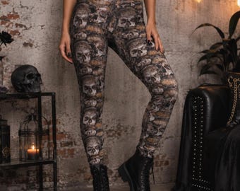 Skull Leggings for Women, Gothic Halloween Leggings, Mid Rise Workout Leggings, Edgy Alternative pant, Grunge Activewear, Skeleton Leggings