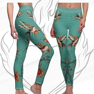 Tattoo Art Birds Leggings -Tattoo Art Leggings, Bird Leggings, Yoga, Pilates, Running, Vacation Leggings, Trending Leggings, Tattoo Art Bird
