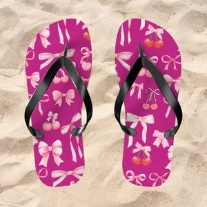Flip Flops, Pink Bows & Cherry Coquette Vacation Shoes, Beach Gift, Summer Sandals, Spring Trip Footwear, Hot Pink Flip Flop, Y2k, vsco