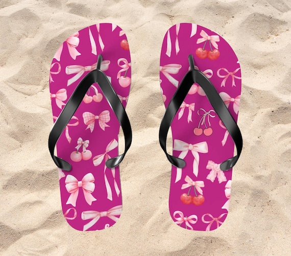 Flip Flops, Pink Bows Cherry Coquette Vacation Shoes, Beach Gift
