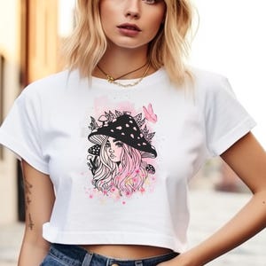 Frans dames crop-shirt Cottagecore, meisje met een paddenstoelhoed baby-T-shirt, cadeau voor haar, y2k, crop top Cottagecore