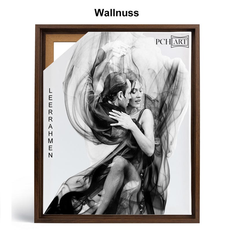 May include: A black and white photograph of a couple dancing the tango. The woman is wearing a black dress and the man is wearing a black suit. The couple is surrounded by a swirling cloud of smoke.