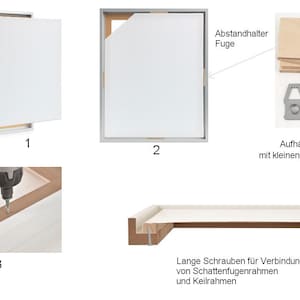 May include: Diagram showing how to assemble a picture frame. The frame has a shadow box effect with a separate inner frame. The diagram shows the steps of assembling the frame, including attaching the inner frame, adding spacers, and attaching the hanging hardware.