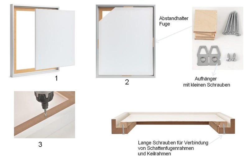 May include: Diagram showing how to assemble a picture frame. The frame has a shadow box effect with a separate inner frame. The diagram shows the steps of assembling the frame, including attaching the inner frame, adding spacers, and attaching the hanging hardware.