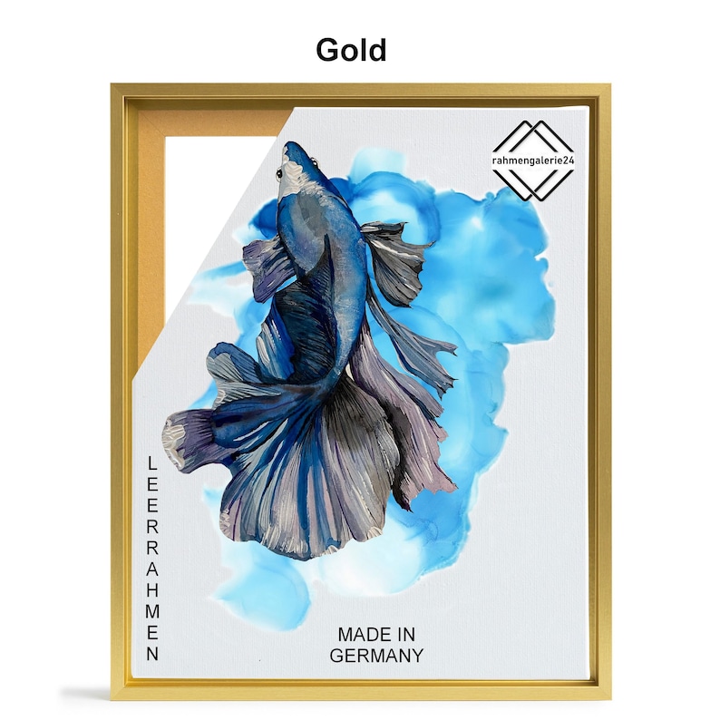May include: A gold-framed canvas print featuring a blue and silver betta fish with flowing fins against a blue watercolor background. The text "MADE IN GERMANY" is printed at the bottom of the canvas.